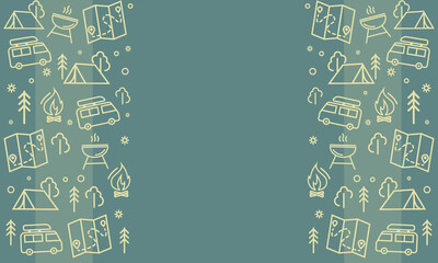 Camping seamless vector pattern. Outdoor recreation, hike horizontal banner with outline icons of campfire, tent, truck, map, barbecue and forest. Design for web page poster, wallpaper, packaging