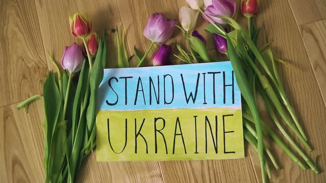 Motivational packard with text Stand with Ukraine against war conflict on background of yellow blue flag with flowers on refugee centre floor. Crisis, peace, stop aggression in whole world
