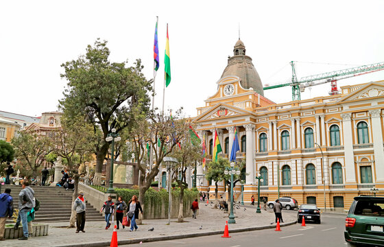 National Congress of Bolivia with the Clock Runs Anti Clockwise on the Facade, Plaza Murillo Square, La Paz, Bolivia, South America