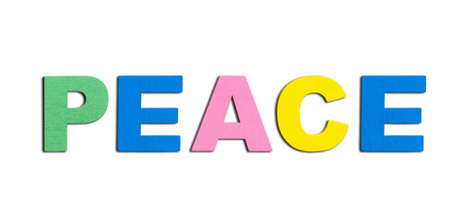 Peace, word written in colorful wooden alphabet letters Peace, word written in colorful wooden alphabet letters isolated. The concept of a terrible warThe concept of a terrible war