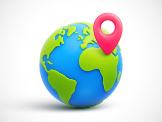 Cartoon planet Earth with red pointer 3d vector icon on white background. World traveling or GPS navigation concept. Vector illustration