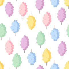 Fun cotton candy seamless vector pattern. Kawaii kids cartoon illustration. Cute hand drawn background for packaging, print, wrapping paper, gift, fabric, wallpaper, textile, card, apparel.