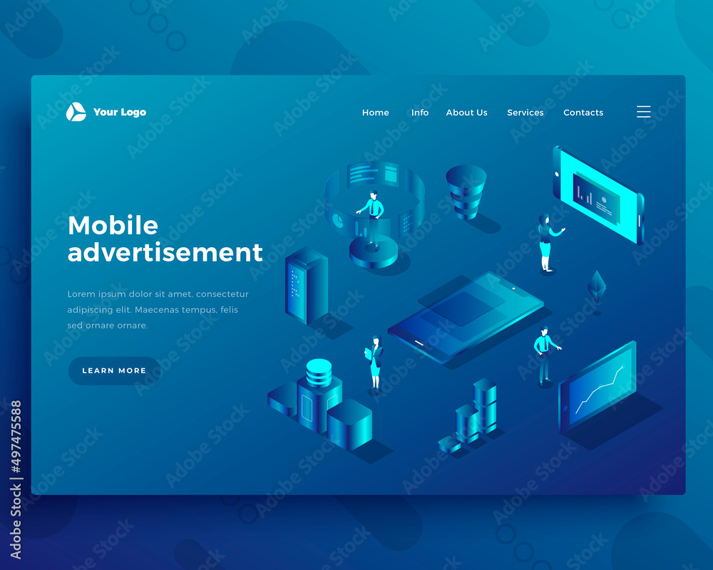 Wall mural mobile advertisement isometric landing page template. smartphone apps adverts web banner. mobile app