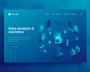 Data analysis isometric landing page template. Financial analytics, statistics reports web banner. Information management, market research services promotional website page design layout