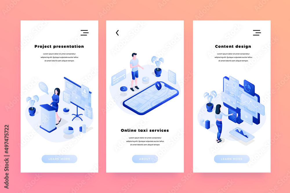 Wall mural online services isometric smartphone interface banners templates set. project presentation technolog