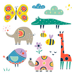 Children's set with cute animals. Funny  illustration.