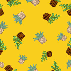 Cute seamless pattern on mustard background with beautiful botanical flowers. Hand drawn plants. Texture for scrapbooking, wrapping paper, invitations.