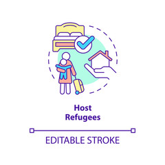 Host refugee concept icon. Provide home and room. Helping refugees abstract idea thin line illustration. Isolated outline drawing. Editable stroke. Arial, Myriad Pro-Bold fonts used