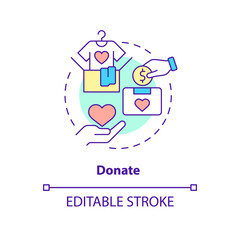 Donate concept icon. Financial help for migrants. Helping refugees abstract idea thin line illustration. Isolated outline drawing. Editable stroke. Arial, Myriad Pro-Bold fonts used