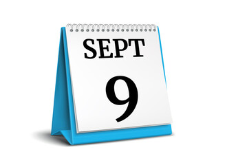 September 9. Calendar on white background. 3D illustration.