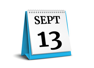 September 13. Calendar on white background. 3D illustration.