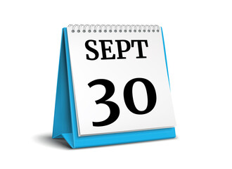 September 30. Calendar on white background. 3D illustration.