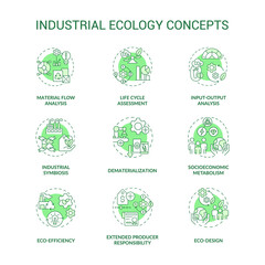 Industrial ecology green concept icons set. Symbiosis of technology and environment idea thin line color illustrations. Isolated symbols. Editable stroke. Roboto-Medium, Myriad Pro-Bold fonts used