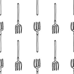 a pattern from the garden pitchfork. seamless pattern of doodle-style garden tool forks isolated black outline often on white for a design template