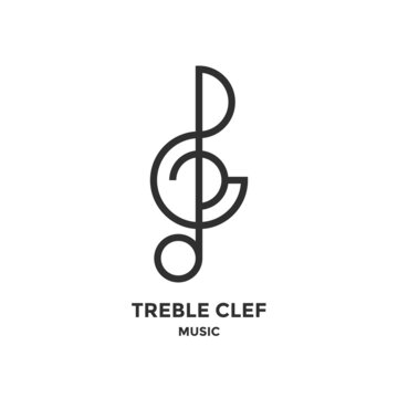 Treble clef icon or linear style pictogram isolated on white background. Vector music key outline emblem, logo.