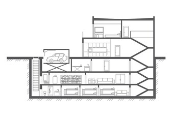 Cottage linear section with multi-storey basement