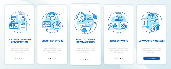 Fototapeta na wymiar Cleaner production options blue onboarding mobile app screen. Industry walkthrough 5 steps graphic instructions pages with linear concepts. UI, UX, GUI template. Myriad Pro-Bold, Regular fonts used