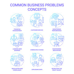 Common business problems blue gradient concept icons set. Monitor performance idea thin line color illustrations. Financial management. Isolated symbols. Roboto-Medium, Myriad Pro-Bold fonts used
