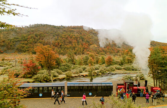 "The End of the World Train" at Macarena Waterfall Station During the Excursion, Tierra del Fuego Province, Patagonia, Argentina