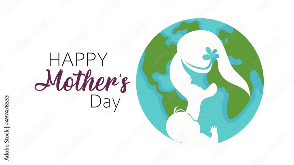 Wall mural mothers day lettering with mom and baby in earth planet