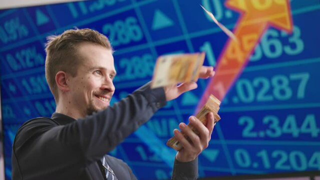 Stonks man smiling throwing money with growth graph in background meme 4K