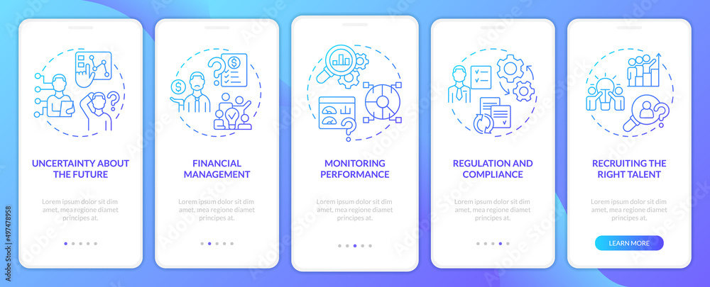 Wall mural challenges facing business blue gradient onboarding mobile app screen. walkthrough 5 steps graphic i