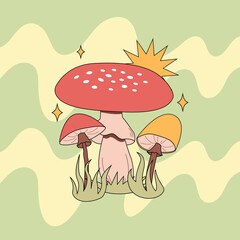 Various magic hallucinogenic mushrooms. Fantasy cute elements. Retro cartoon mushrooms on the grass. Abstract modern design. Hippie style. Vector flat illustration on an isolated background.