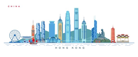 Hong Kong skyscrapers and architectural monuments. City skyline vector illustration.