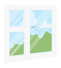 Window frame with outside nature. Cartoon interior view