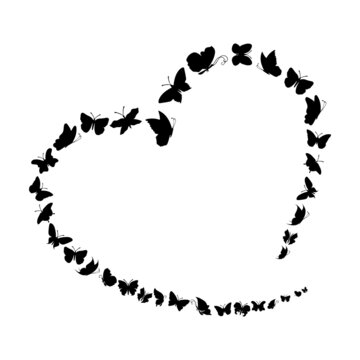 Flying butterflys in heart shape frame pattern. Black Sketch clipart butterflys on white background.