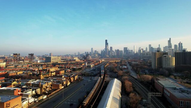 Subway and City Of Chicago Skyline Aerial Drone
