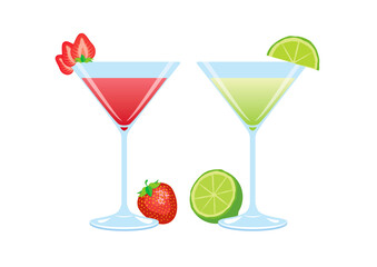 Strawberry and lime daiquiri drink icon set vector. Set of alcoholic cocktails isolated on a white background. Fruits cocktail collection. Summer alcoholic drink icon. Alcohol drinks glasses vector