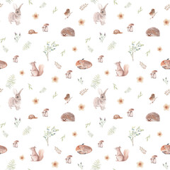 Watercolor seamless pattern with woodland animals and floral. Hand drawn wild fox, rabbit, sparrow, squirrel, snail, herbs, mushrooms for kids fabric, paper, wallpaper print.