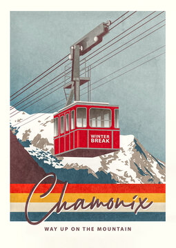 Cartel de Funicular en monta&ntilde;a nevada, vacaciones de ski en Chamonix