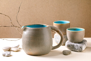 Set of empty grey ceramic cups - obrazy, fototapety, plakaty