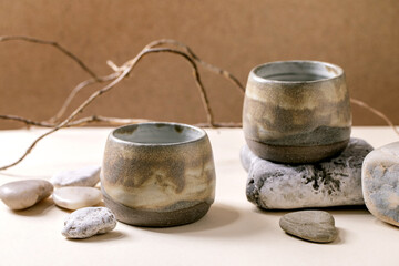 Set of empty grey ceramic cups