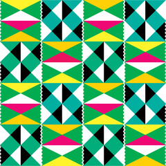 Tribal vector seamless textile pattern - Kente mud cloth style, traditional geometric nwentoma design from Ghana, African in green, yellow and pink
