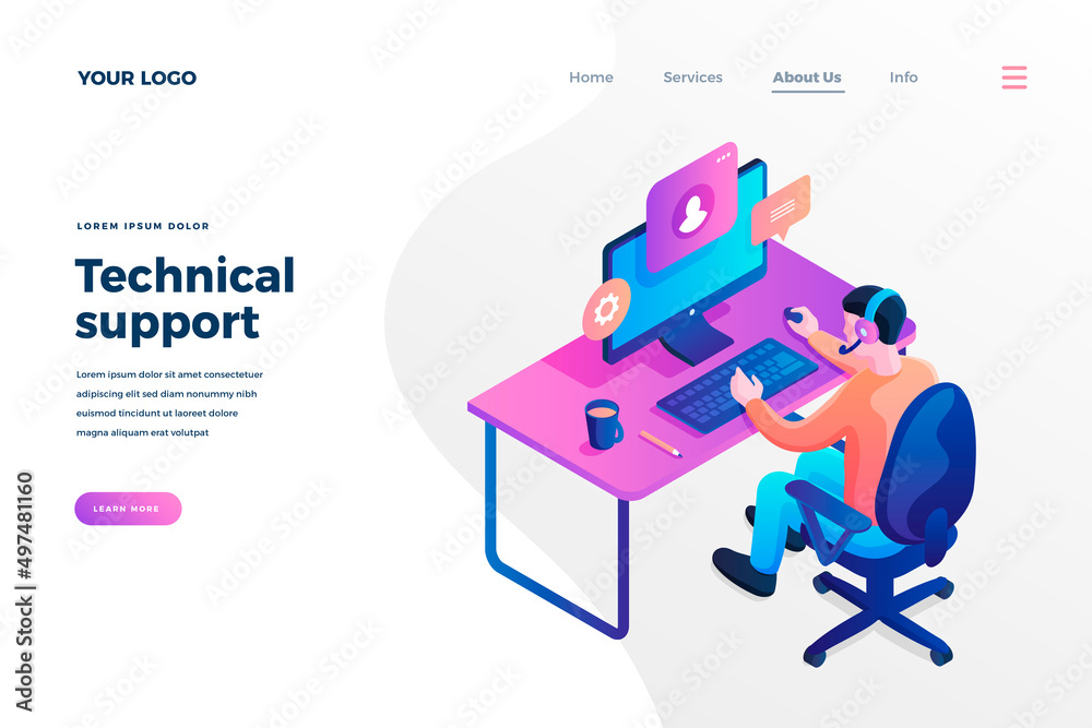 Wall mural technical support isometric landing page template. call center worker having chat with client online