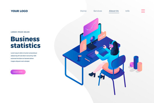 Business statistics isometric landing page template. Female stockbroker analyzing market growth. Accounting expert making financial audit, report. Consulting agency services homepage design layout