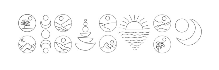 A set of simple minimalistic boho landscapes: mountains and hills, sun, tree and palm, sunset or sunrise over water. With elements of geometric shapes on a white background