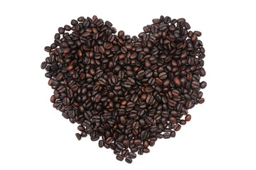 the texture of freshly roasted coffee beans heart. isolated white background.