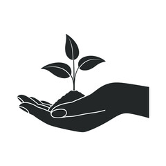 Human hand holding young plant. Nature protection and environmental friendly care symbol. Vector illustration