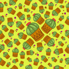 Cute seamless pattern with beautiful botanical flowers and bright patterns. Hand drawn botanical pots with cacti. Texture for scrapbooking, wrapping paper, invitations.