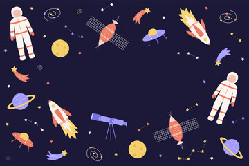 Cosmos doodle is a set of vector illustrations. Icons of space elements rocket cosmonaut stars satellite telescope comet.