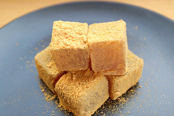 Closeup a Plate of Delectable Warabimochi, Soft and Chewy Japanese Traditional Confection