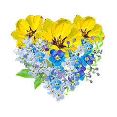 Flower arrangement of tulips and forget-me-nots in the shape of a heart in the colors of the Ukrainian flag - yellow-blue. Heart with love. Watercolor. Collage. - 497482594