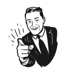 Businessman pointing finger pop art retro style. Index finger. Promo vector illustration