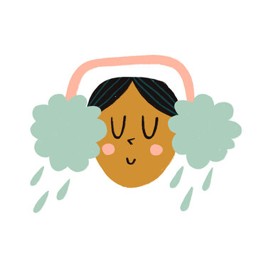 A girl listening to the rain sounds through cloud-shaped headphones