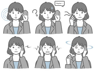 耳の調子が悪いスーツの若い女性