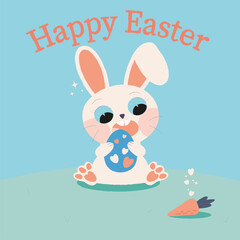 White rabbit with carrot and egg with hearts, happy Easter